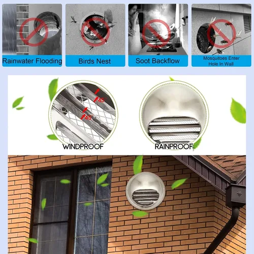 Vista 4 de Tapa de ventilación de pared, campana de salida de ventilación de pared de 5, 8, 10, 12 pulgadas, cubierta de rejilla de ventilación de aire