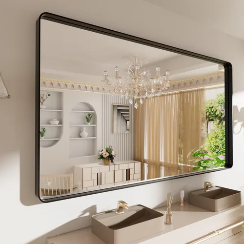 Vista 92 de LOAAO 20x16 Pulgadas Espejo de Baño con Marco de Metal Negro para Pared, Espejo de Tocador de Baño de Estilo Granja, Espejo Grande Rectangular