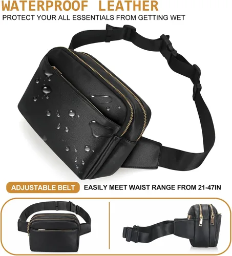 Vista 3 de Cangurera para hombres y mujeres, cangurera de cuero con estilo cruzado, bolsa pequeña de diseñador, Negro2, Riñonera de cuero para hombre y mujer