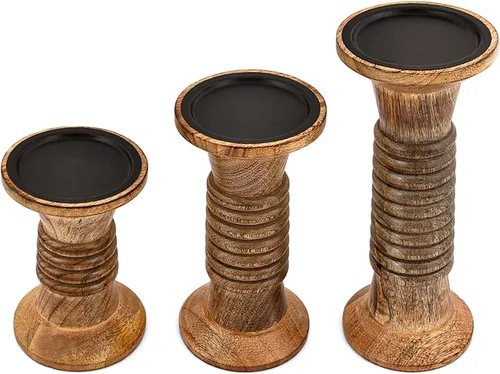 Vista 2 de Nirman Juego de 3 portavelas de madera de mango para centros de mesa para bodas, Navidad, fiestas, hogar, spa, reiki, aromaterapia
