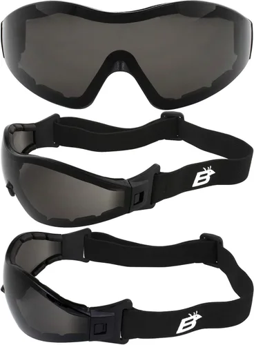 Vista 7 de Birdz 2 pares de anteojos Boogie de espuma negra acolchada para motocicleta, esquí, paracaidismo, lentes antiniebla con lentes antiniebla humo