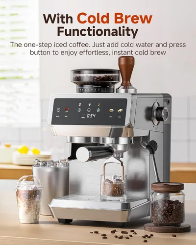 Vista 5 de AMZCHEF Máquina de café expreso con molinillo, control de temperatura de 190 ℉ a 201 ℉ con ajuste de molienda de 44 grados, espumador de leche