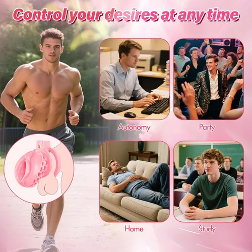 Vista 5 de Jaula de castidad masculina – Jaula de pene suave y ligera con vagina y clítoris realistas y anillos de 6 tamaños, cómodo dispositivo de castidad