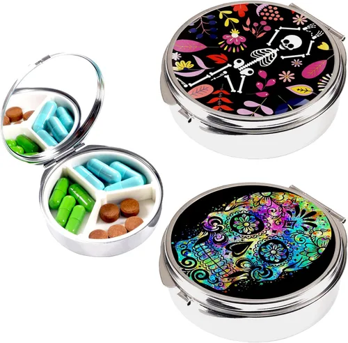 Vista 8 de Pastillero pequeño de 2 piezas, 3 compartimentos para bolsillo y bolso, lindo organizador de píldoras de metal de viaje, contenedor de píldoras