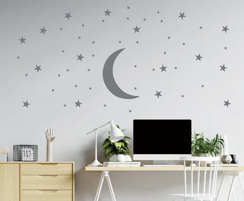 Vista 2 de 50 calcomanías de pared de estrellas y luna para habitación de los niños, calcomanías creativas de pared de estrellas blancas para bebé, decoración