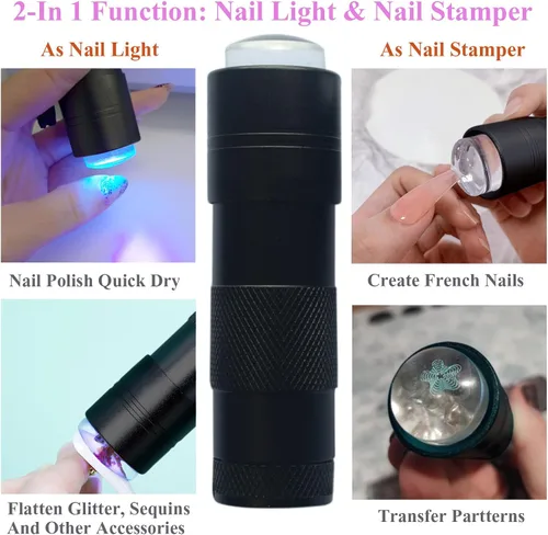 Vista 2 de Luz UV portátil de mano para uñas de gel, mini lámpara de uñas UV LED con sello de punta francesa cabeza de silicona, pequeña lámpara para Uñas U V