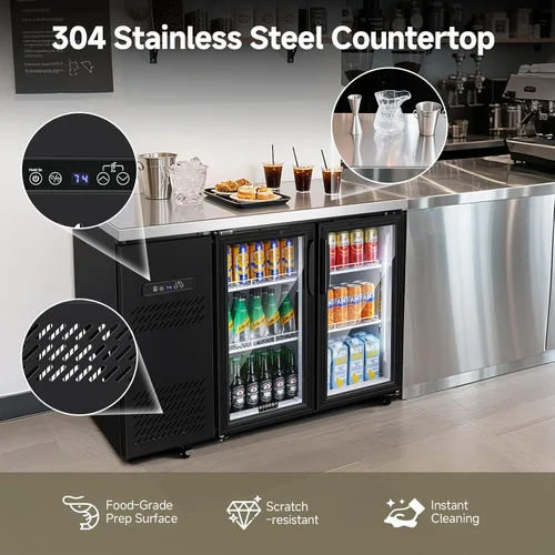 Vista 7 de BODEGACOOLER - Refrigerador comercial para barra trasera con 2 puertas de vidrio, refrigerador de acero inoxidable de altura de mostrador de 12 pies