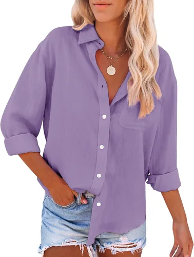 Vista 3 de siliteelon Camisas con botones para mujer, camisas de vestir de algodón, blusas de manga larga, blusas sólidas casuales con cuello con bolsillos