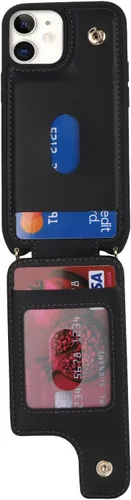 Vista 5 de Lipvina Funda tipo cartera cruzada para iPhone 12 Mini con correa, color negro