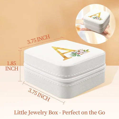 Vista 3 de My Daily Joyero de viaje Joyero pequeño para mujeres y niñas, organizador de regalos, cajas de cuero con espejo, blanco, inicial A