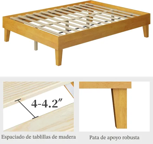 Vista 7 de Yaheetech Base de cama matrimonial con plataforma de madera maciza natural con soporte de listones de madera, espacio debajo de la cama de 12 Madera
