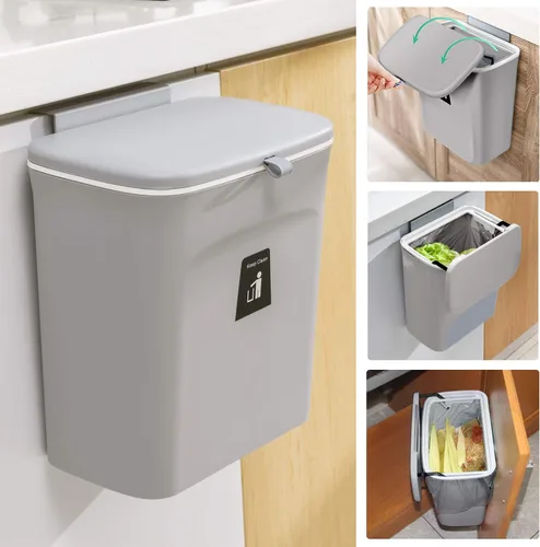 Vista 8 de Tiyafuro Cubo de compost de cocina de 2.4 galones para encimera o debajo del fregadero, cubo de basura pequeño colgante con tapa para armario, baño