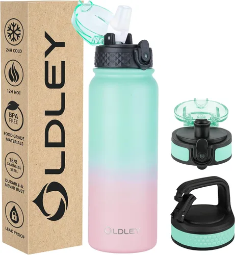 Vista 25 de Botella de agua aislada Oldley de 12 oz con pajita, botella de agua de acero inoxidable con 2 tapas, botellas de doble pared con vacío para adultos