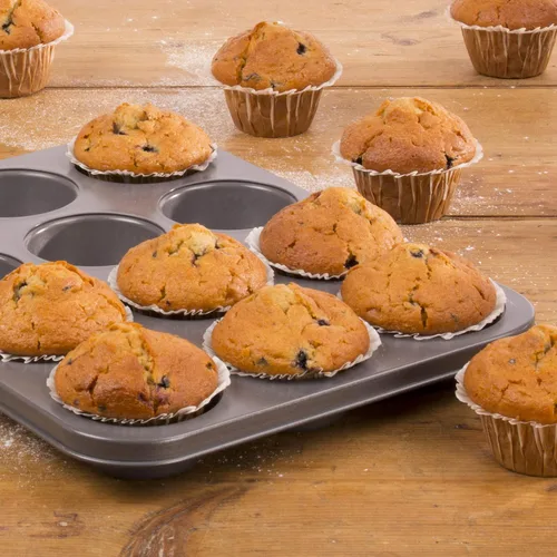 Vista 7 de KB1003 - Bandeja antiadherente de teflón para 12 tazas, longitud de lata, 13.8 in x 10.6 in de ancho, acero al carbono para magdalenas o cupcakes