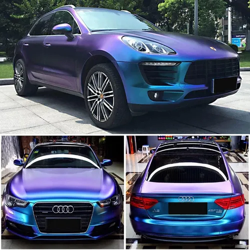 Vista 4 de Vinilo adhesivo de coche de color morado metálico brillante a azul camaleón, cinta adhesiva de película adhesiva de liberación de aire
