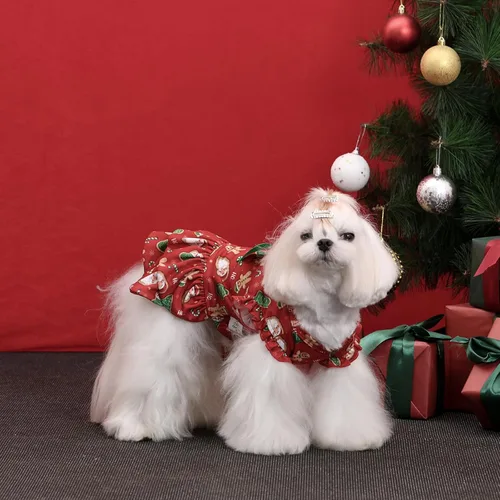Vista 5 de CuteBone Vestido de Navidad para perro, falda de doble capa, traje de gato, ropa para perros pequeños, disfraz de cumpleaños, DR29L