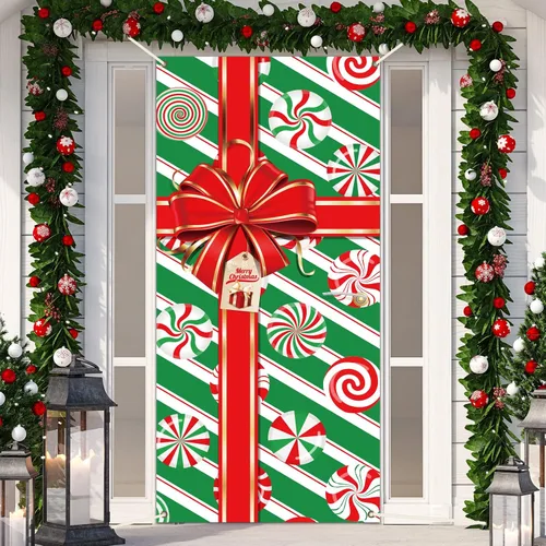 Vista 9 de Cartel de Navidad para puerta, decoración de Feliz Navidad, búfalo a cuadros rojos y negros, telón de fondo de caja de regalo de Navidad, lazo
