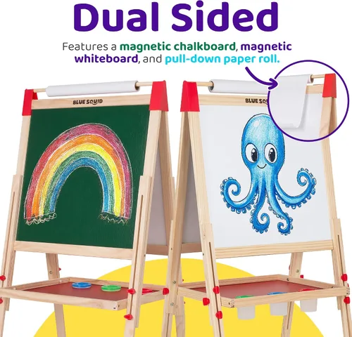 Vista 2 de Caballete de arte Blue Squid para niños con rollo de papel x 3, incluye más de 100 accesorios, caballete de pintura de madera ajustable de doble