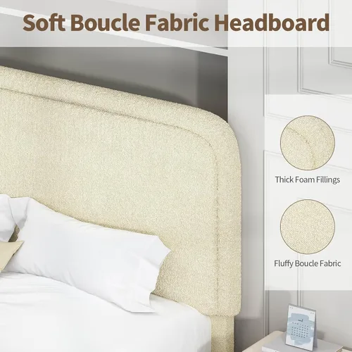 Vista 6 de Base de cama individual, cabecera Cloud Boucle, esquinas redondeadas, color beige