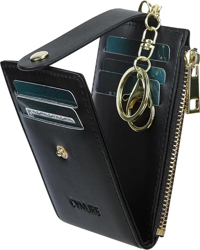 Vista 2 de Tarjetero de cuero para mujer, con bloqueo RFID, delgado y pequeño, con cremallera, llavero, bolsillo frontal, con 2 ventanas para identificación