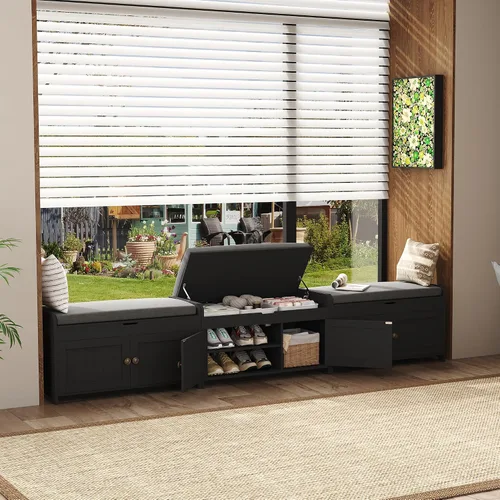 Vista 5 de HOMEFORT Banco para Zapatos de 30" con Almacenamiento de Tapa Elevable, Banco de Entrada con Asiento Acolchado, Banco de Madera para Pie de Cama