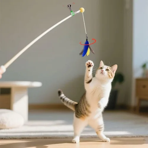 Vista 5 de 10 piezas de repuesto de plumas para gato, varita de repuesto para gatos con clip y campana extraíble, juguetes de plumas para gatos