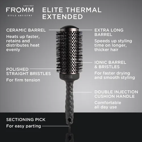 Vista 2 de Fromm Elite Thermal Ceramic x Ionic - Cepillo redondo de 2 pulgadas para golpes expertos y secado más rápido del cabello, barril extendido
