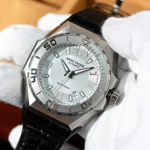 Vista 3 de REEF TIGER Relojes de buceo para hombre, reloj automático de acero, relojes militares, correa de cuero RGA6903