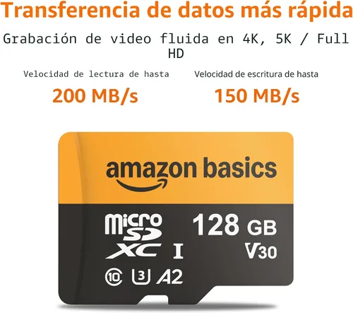 Vista 2 de Amazon Basics Tarjeta microSDXC de 128GB con adaptador, velocidad de lectura de hasta 200MB/s, 1 paquete