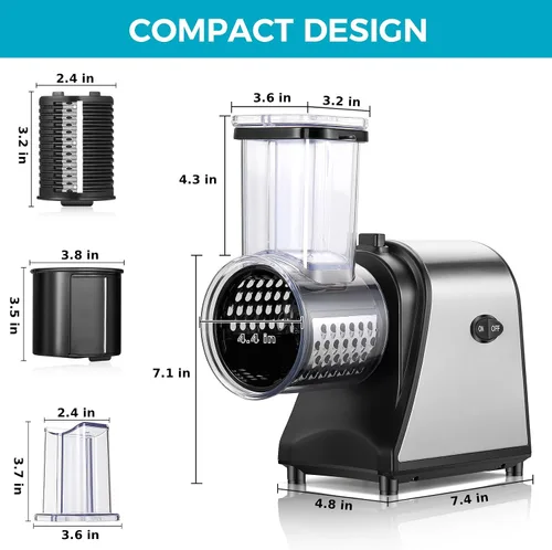 Vista 4 de Rallador eléctrico de queso, rebanador de verduras 5 en 1 y máquina de ensalada con cuchillas de acero inoxidable, rallador eléctrico de queso de un