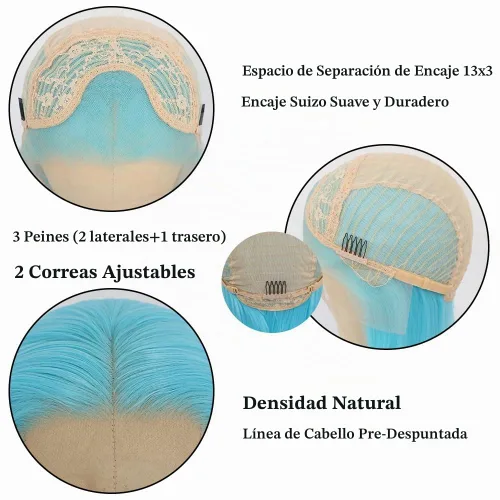 Vista 6 de Pelucas de encaje frontal color azul con encaje frontal, peluca para usar y llevar, sin pegamento, pelucas de cabello largo y lacio, pelucas