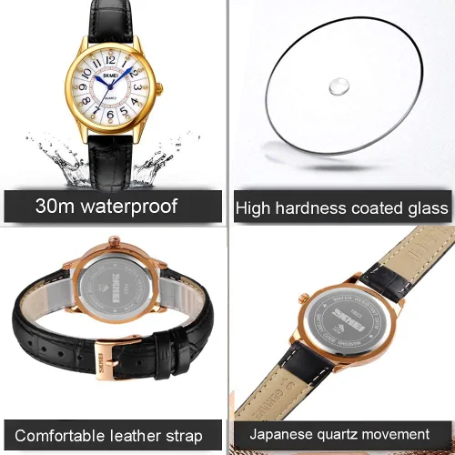 Vista 5 de SKMEI Lady Watches for Women Waterproof Leather Band Easy Reader Dress Diamond Analog Quartz Small Face Business Light Wrist Watch Girls Gifts