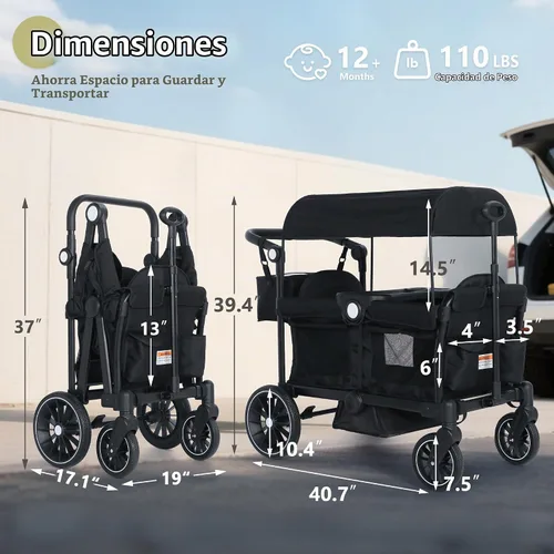 Vista 7 de Kinder King Cochecito Wagon para 2 niños, barra de empuje/tracción Negro
