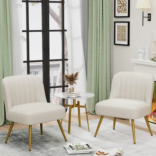 Vista 3 de ALISH Juego de 2 sillas decorativas de piel sintética, tapizadas, modernas sillas laterales sin brazos con patas de metal (color beige, juego de 2)