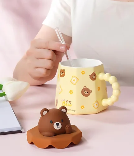 Vista 7 de Taza GawmFoiuy Mark con pajita, taza de cerámica con estampado de animales, 414 ml, tazas de café y té kawaii, tazas de animales divertidas, taza