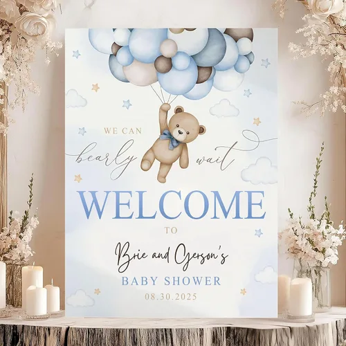 Vista 17 de Letrero de bienvenida con texto en inglés «We Can Bearly Wait Baby Show» para niño, tema de globo de oso de peluche azul Style#1
