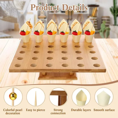 Vista 3 de Rtteri - 150 conos de madera desechables para alimentos con 36 agujeros, soporte de exhibición de cono de helado de bambú y 150 palitos de bambú