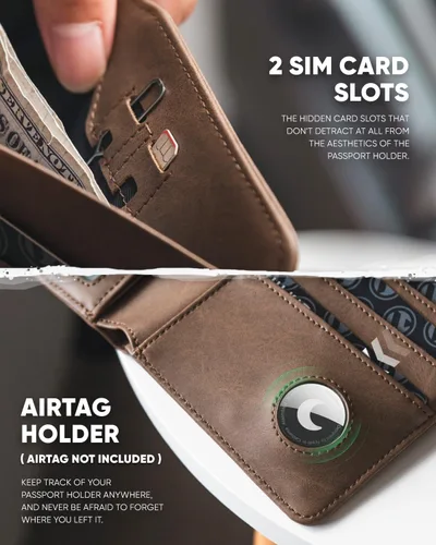 Vista 4 de VULKIT Cartera de pasaporte compatible con Airtag Holder Bifold Travel Card Holder, Espresso, Moda