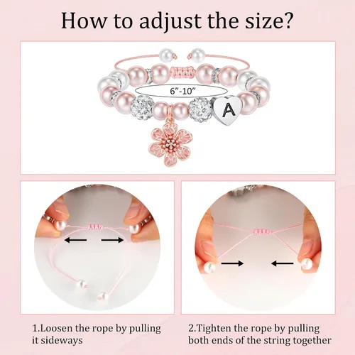 Vista 6 de MONOOC Pulseras con iniciales de cuentas, regalos para niñas, pulsera ajustable de perlas rosas y bolas de diamantes de imitación, pulseras con dije
