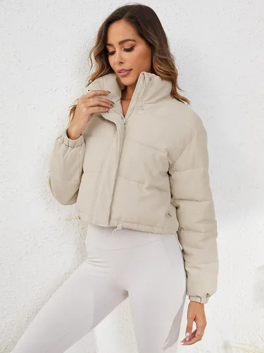 Vista 2 de Ogfao Chaqueta acolchada de manga larga para mujer, cuello alto, con cremallera, acolchada con cordón y bolsillos