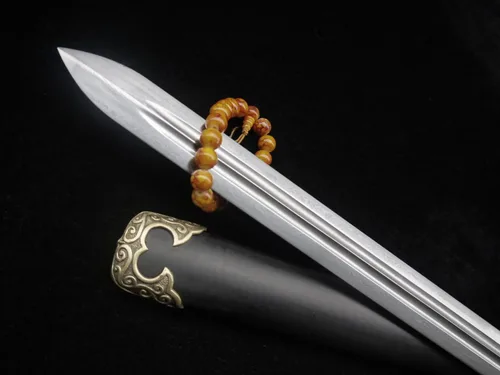 Vista 5 de Espada china/Tang jian/hoja de acero de Damasco/vaina de madera negra/accesorios de latón/espiga completa/longitud: 39 pulgadas