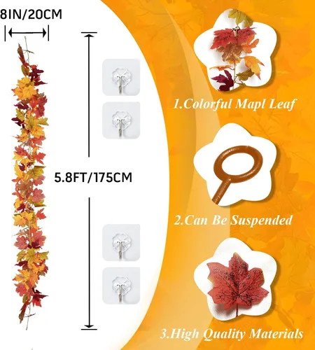 Vista 2 de Guirnalda de hojas de arce de otoño de 11.6 pies (2 x 5.8 pies), decoración de hojas artificiales de Acción de Gracias para árbol, mesa de repisa