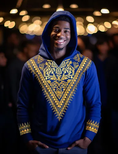 Vista 3 de ZSJR Camisa africana con capucha para hombre, estampado dorado metálico, con estampado de Dashiki