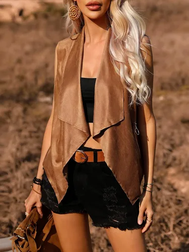 Vista 3 de OYOANGLE Chaqueta tipo cárdigan de gamuza hippie sin mangas con cuello abierto para mujer