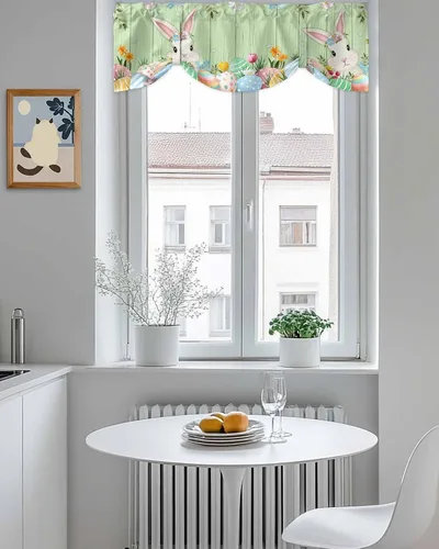 Vista 5 de Cenefa de primavera con amarre para ventanas de cocina, cenefas de cortina con lindos huevos coloridos de conejo, 42 x 12 pulgadas, 1 panel