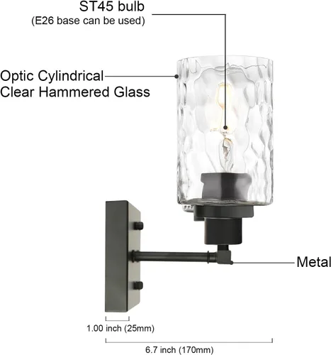 Vista 8 de MELUCEE Iluminación de pared interior 2 luces mate negra con vidrio martillado transparente, lámpara de pared moderna para tocador de baño