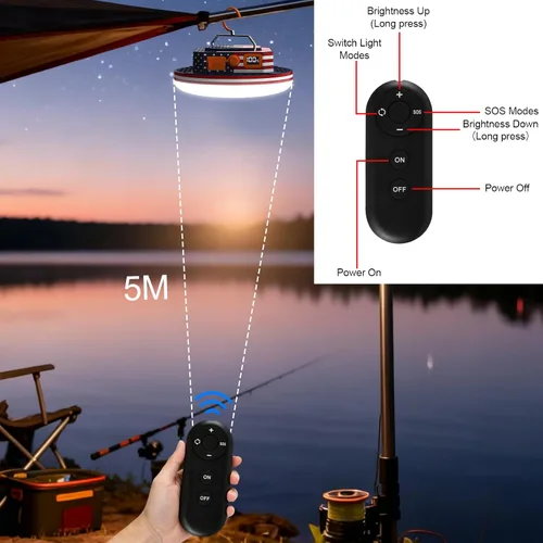 Vista 5 de IODOO Luz de campamento recargable de 10000 mAh con control remoto, bandera de Estados Unidos, luz de bandera estadounidense para acampar al aire