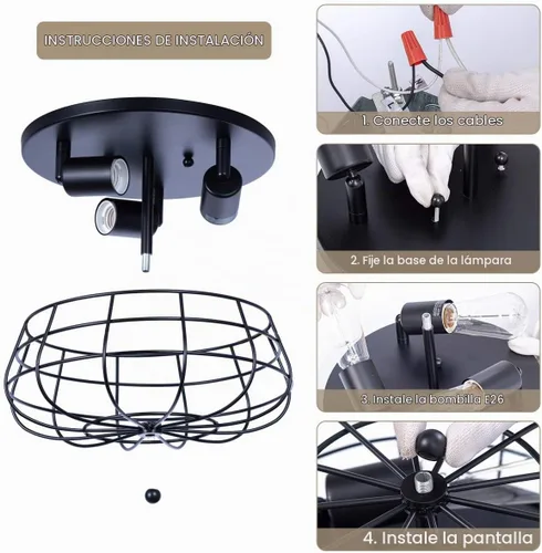 Vista 7 de VILUXY Lámpara de techo industrial negra semiempotrada de 3 luces rústicas con jaula de metal para cocina, sala de estar, comedor, dormitorio