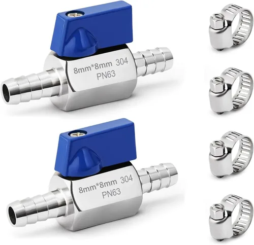 Vista 14 de Paquete de 2 mini válvulas de bola de acero inoxidable 304 con púas de identificación de manguera de 1/2 pulgada, kit de abrazaderas para agua