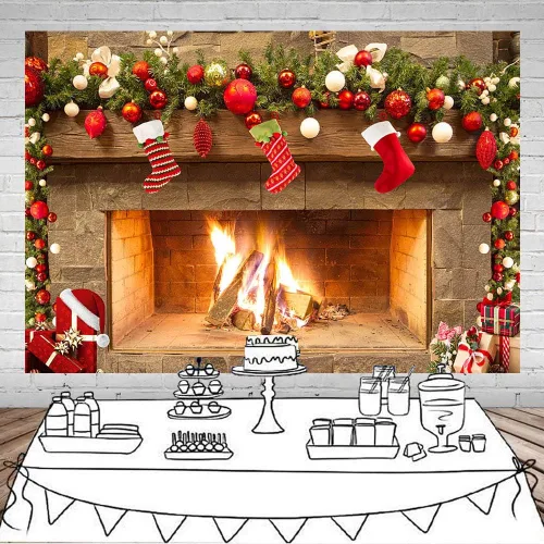 Vista 2 de Mocsicka Telón de fondo temático de chimenea navideña para fotografía, árbol de Navidad, calcetín, regalo, decoraciones para fiestas familiares